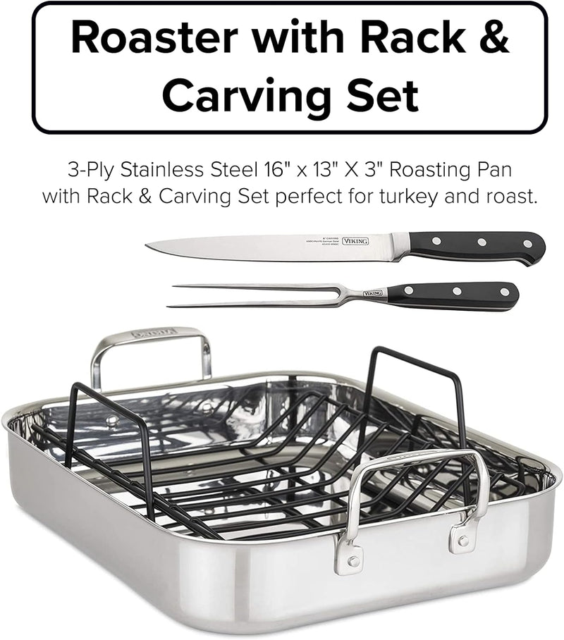 Viking 3-Ply Stainless Steel Roasting Pan with Nonstick Rack - Dishwasher and Oven Safe