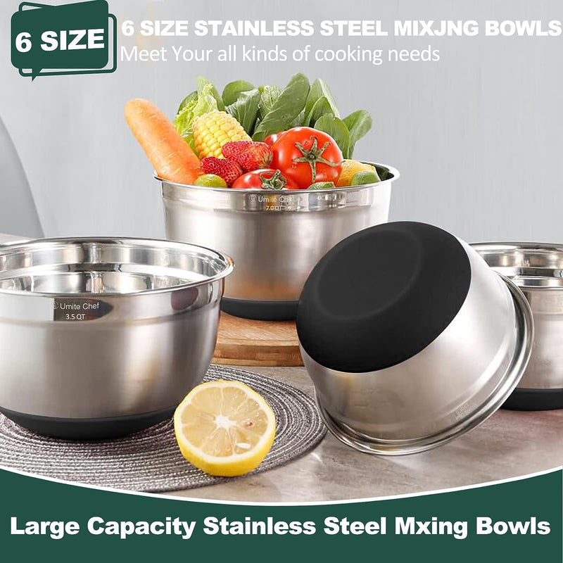 Umite Chef 6-Piece Mixing Bowls with Airtight Lids - Stainless Steel Nesting Storage Set Khaki