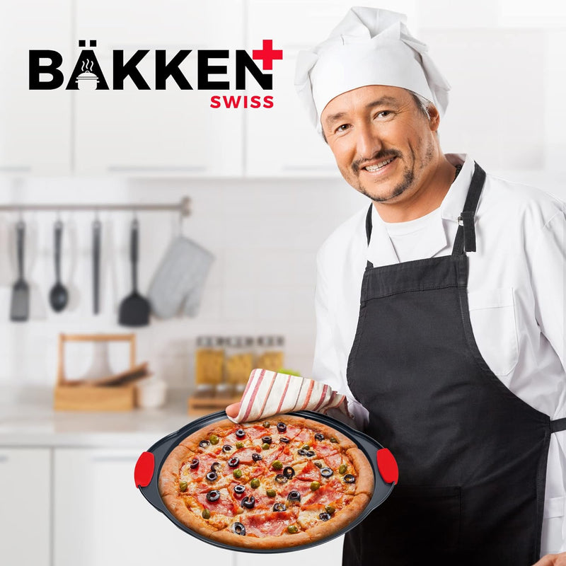 Bakken Pizza Tray - Round Carbon Steel with Non-Stick Coating and Silicone Handles