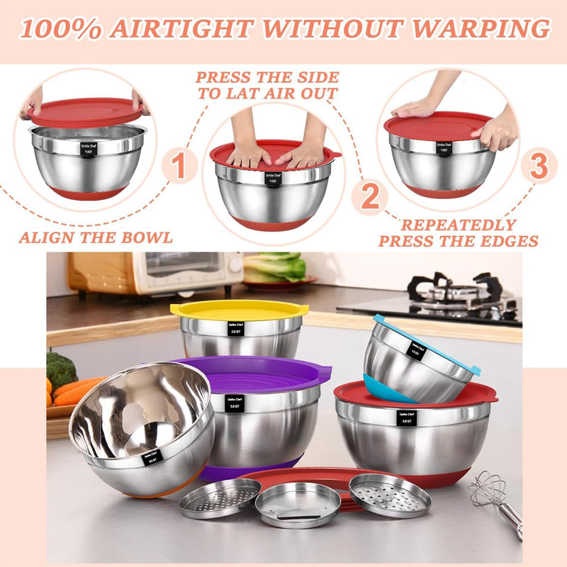 Umite Chef Mixing Bowls Set with Airtight Lids Stainless Steel 8PCS Khaki Non-Slip Bottoms Grater Attachments Sizes 5-15QT
