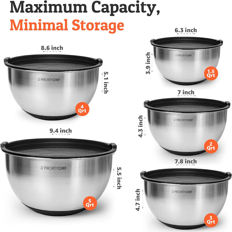 Premium Mixing Bowl Set with Airtight Lids - Thicker Stainless Steel - 152345 Qrt - Black