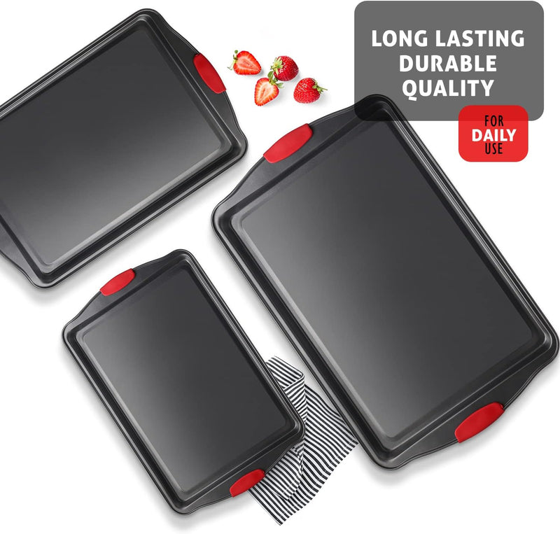 3-Piece Baking Sheet Set with Silicone Handles and Nonstick Coating