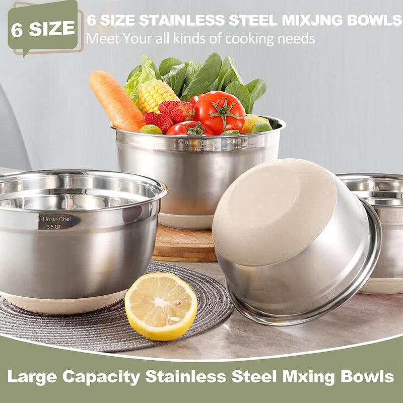 Umite Chef 6-Piece Mixing Bowls with Airtight Lids - Stainless Steel Nesting Storage Set Khaki