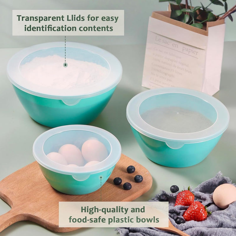 Wehome BPA-Free Mixing Bowls with Lids - Set of 3 Aqua Nesting Bowls for Kitchen Prep Serving and Storage