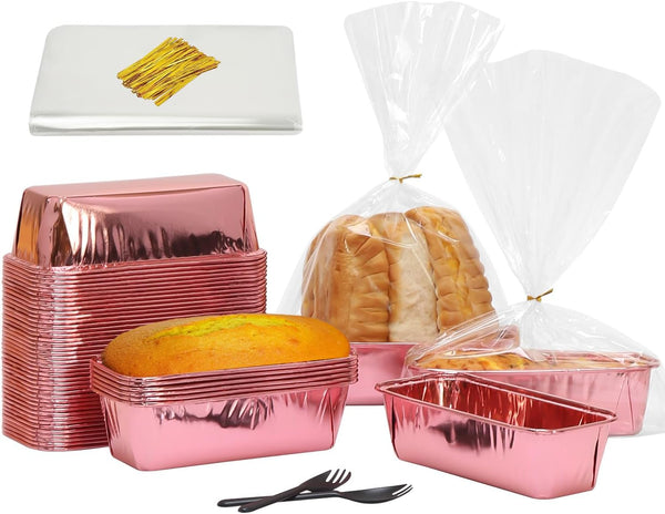 Free-Air 1 LB Mini Loaf Pans 50 Pack, Disposable Small Bread Loaf Baking Tins Liners,Small Cake Tins Bread Mold Containers With 50 Bags For Individual Bread Loaves, Cheesecake-Red