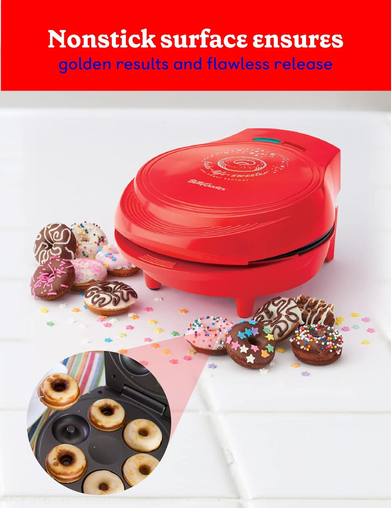 Betty Crocker Mini Donut Maker - Nonstick Surface Cool Touch Handle 7 Donuts Red