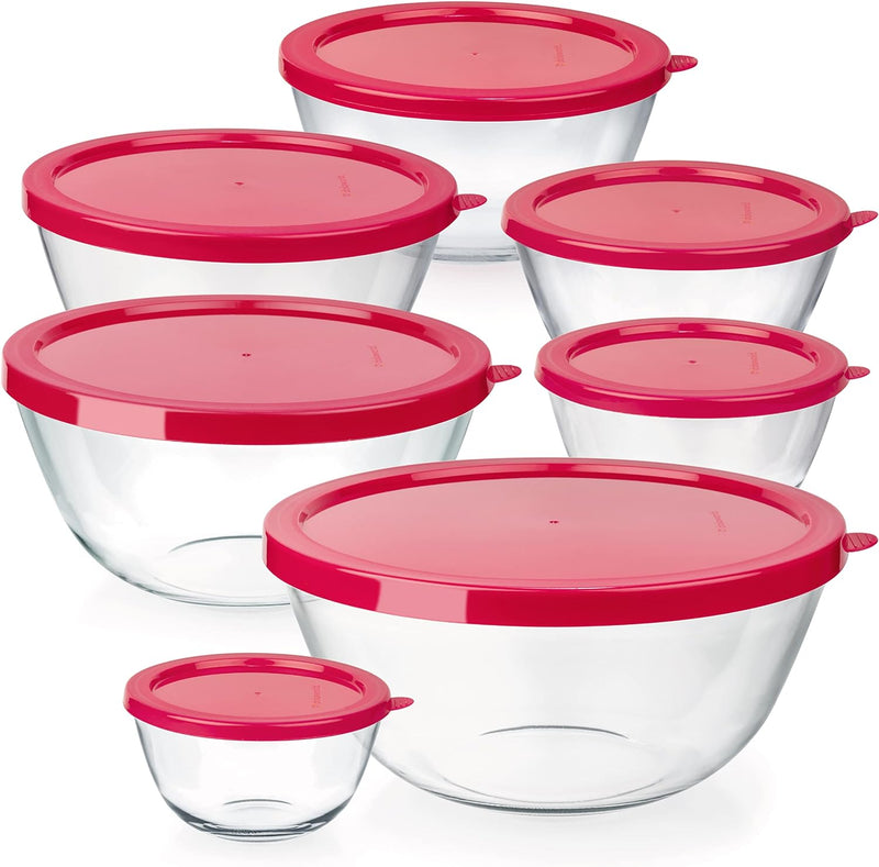 Collapsible Glass Mixing Bowls - 5 Stackable with Lids Microwave Safe Bamboo Salad  Baking Bowls