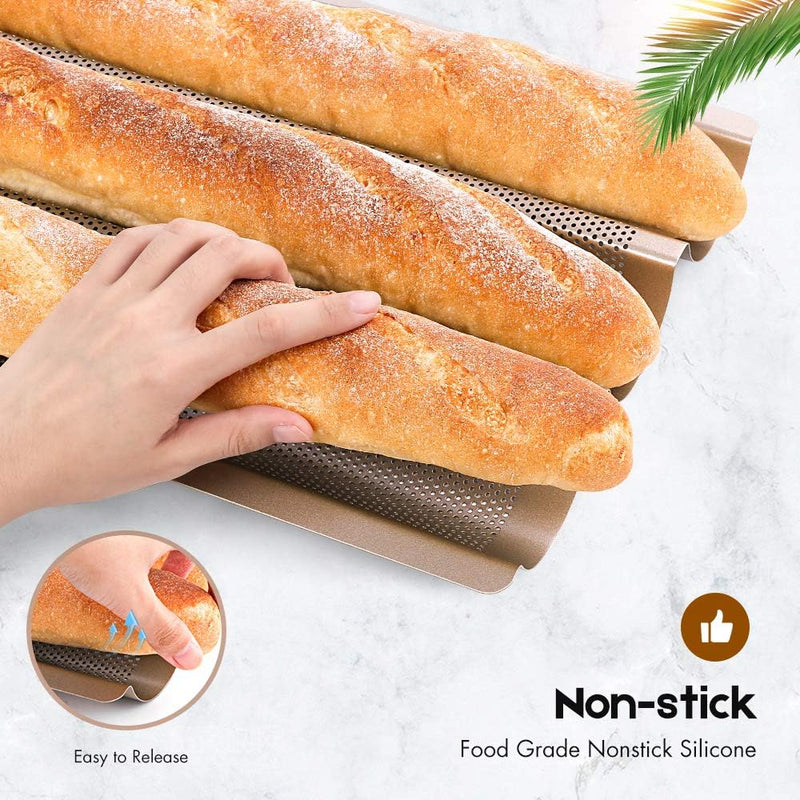 AMAGABELI Nonstick Baguette Pan for French Bread Baking - 15 x 13 Perforated Mold with 4 Gutter Oven Toaster Cloche Silver