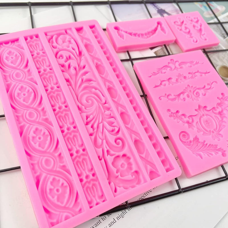 Rainmae 5 Pcs Baroque Style Fondant Silicone Mold - 3D Lace Relief Filigree Sculpture for Crafts  Baking