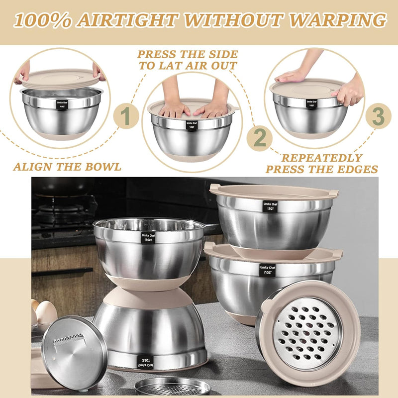 26-Piece Airtight Mixing Bowl Set with Grater Attachments and Non-Slip Bottoms - Stainless Steel Kitchen Gadgets in Khaki Various Sizes