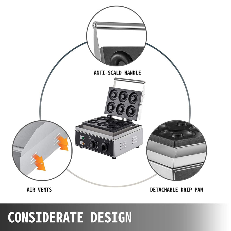 Commercial Waffle Donut Machine - Double-Sided Heating 6 Holes 1550W Non-stick
