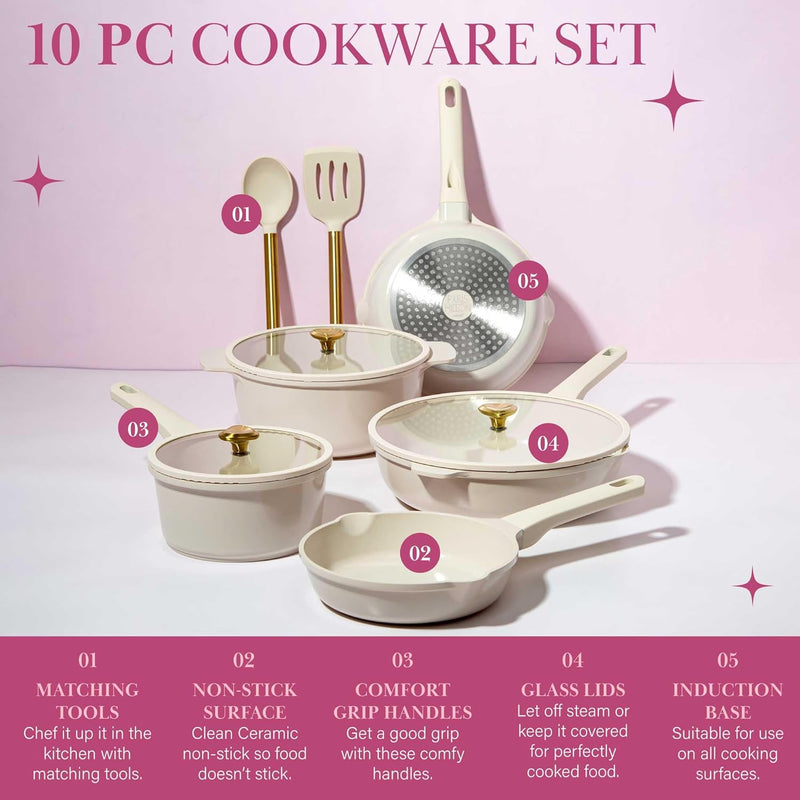 Paris Hilton Ceramic Nonstick Cookware Set - Gold Knobs Stay-Cool Handles 10-Piece Pink