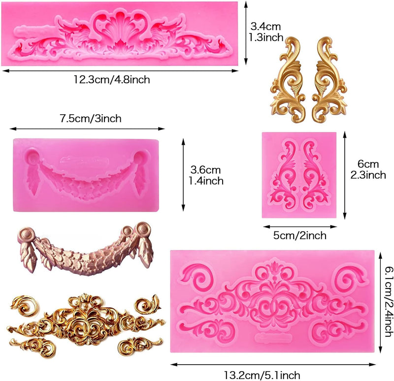 Rainmae 5 Pcs Baroque Style Fondant Silicone Mold - 3D Lace Relief Filigree Sculpture for Crafts  Baking