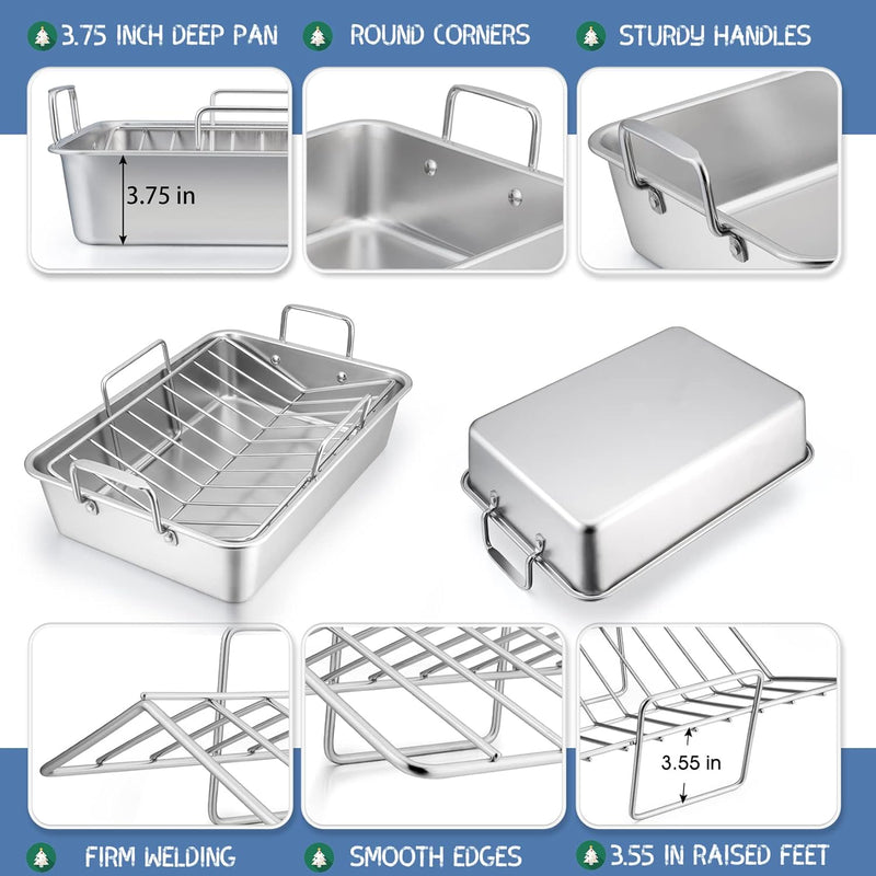 Rectangular Roasting Pan with Racks - Stainless Steel 3-Piece Set