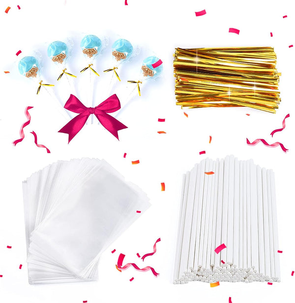 Cake Pop Sticks and Wrappers Kit - 300 Count with Lollipop Sticks Treat Bags and Twist Ties