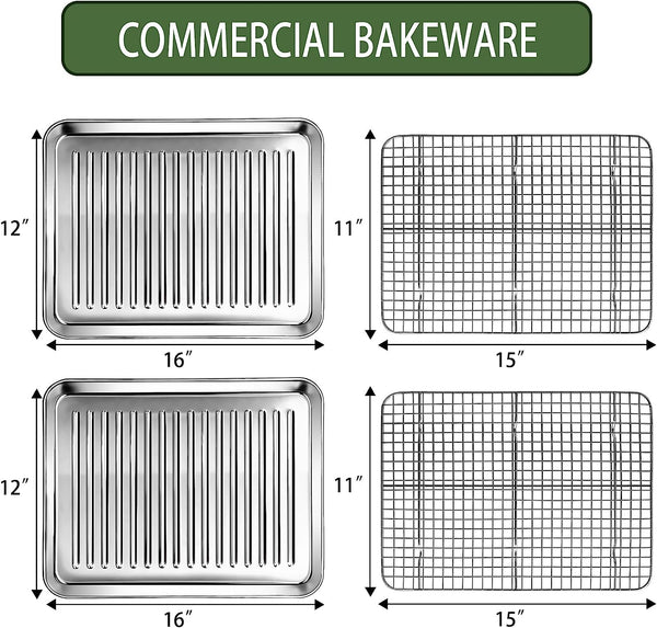 Stainless Steel Baking Sheet and Cooling Rack Set - Heavy Duty Nonstick - 2 Pans 2 Racks - 16 x 12 x 1 Inches