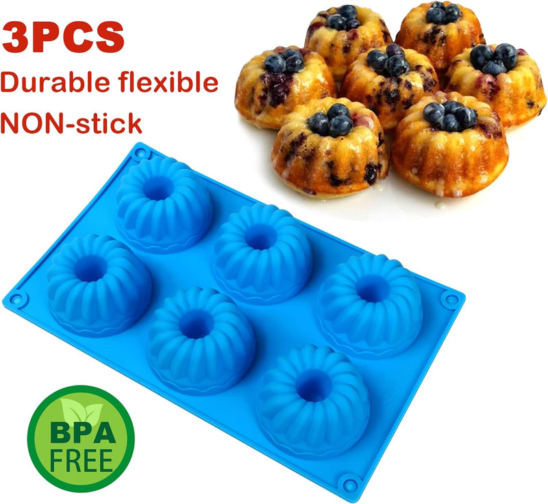 3PCS Mini Bundt Cake Pan Non-Stick Silicone Mold for Fluted Tube Cakes