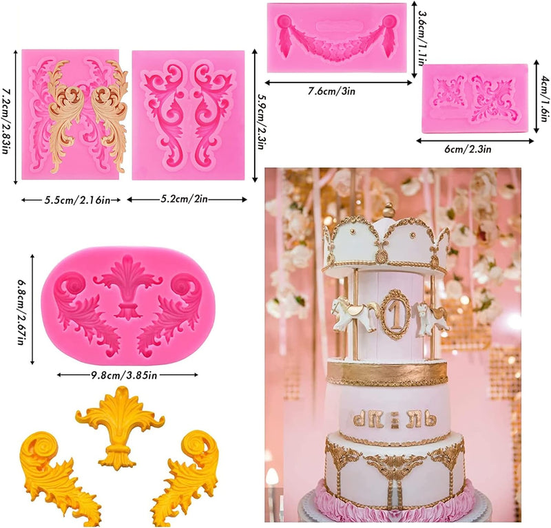 Rainmae 5 Pcs Baroque Style Fondant Silicone Mold - 3D Lace Relief Filigree Sculpture for Crafts  Baking