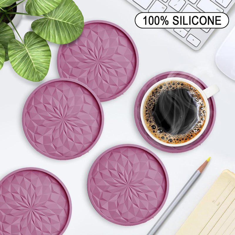 MEFAN Silicone Coasters 6 Pack with Holder - Non-Slip Deep Tray for HotCold Drinks - Black