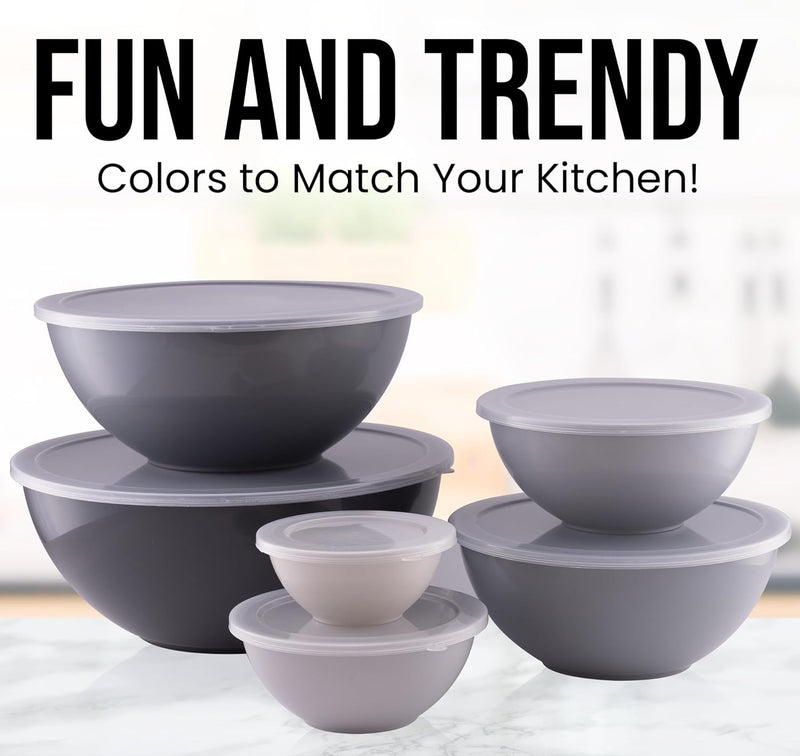 Zulay Kitchen 12 Piece Plastic Mixing Bowls - Colorful Bowl Set with Lids Microwave and Freezer Safe - Gray Ombre