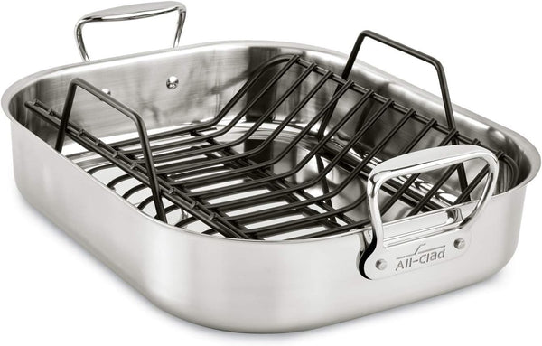 All-Clad Stainless Steel Roaster  Nonstick Rack 145x18 Oven Safe Pan - Silver