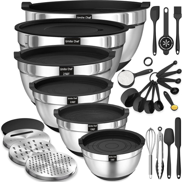 26-Piece Airtight Mixing Bowl Set with Grater Attachments and Non-Slip Bottoms - Stainless Steel Kitchen Gadgets in Khaki Various Sizes