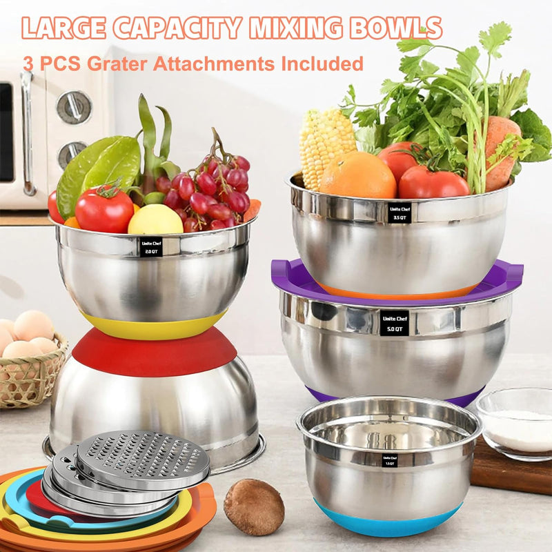 Umite Chef Mixing Bowls Set with Airtight Lids Stainless Steel 8PCS Khaki Non-Slip Bottoms Grater Attachments Sizes 5-15QT