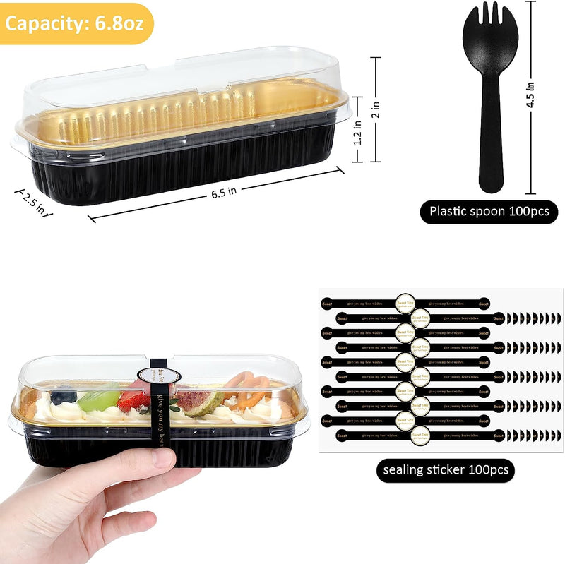 JuneHeart Aluminum Foil Mini Loaf Pans with Lids and Spoons - 100 Pack Black - 68oz Rectangle Baking Containers