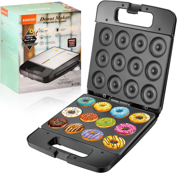 Mini Donut Maker Machine - 1400W Double-Sided Non-Stick Surface - Makes 16 Donuts for Breakfast Snacks and Desserts