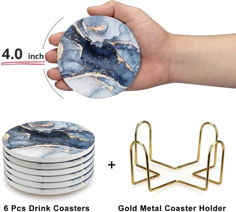 6 Pc Navy Blue Marble Coaster Set with Holder - Absorbent and Decorative Round Coasters for Drinks Coffee Wine and Beer - Ceramic Table Coasters for Home and Bar Use