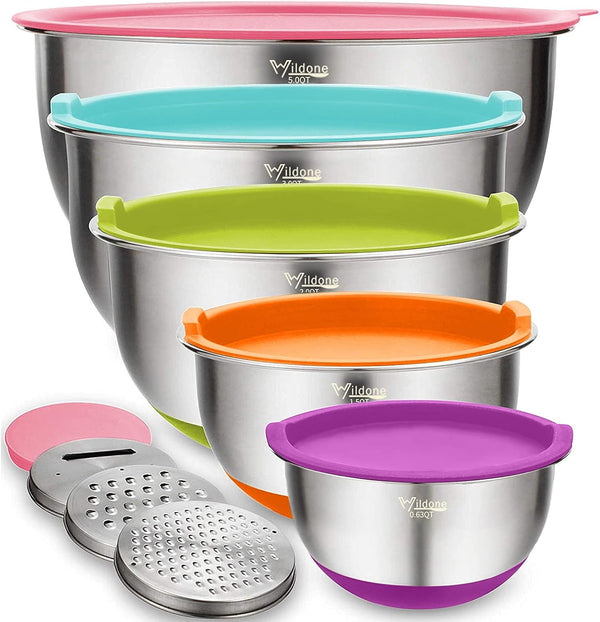 5-Piece Stainless Steel Mixing Bowls Set with Airtight Lids Grater and Non-Slip Bottoms