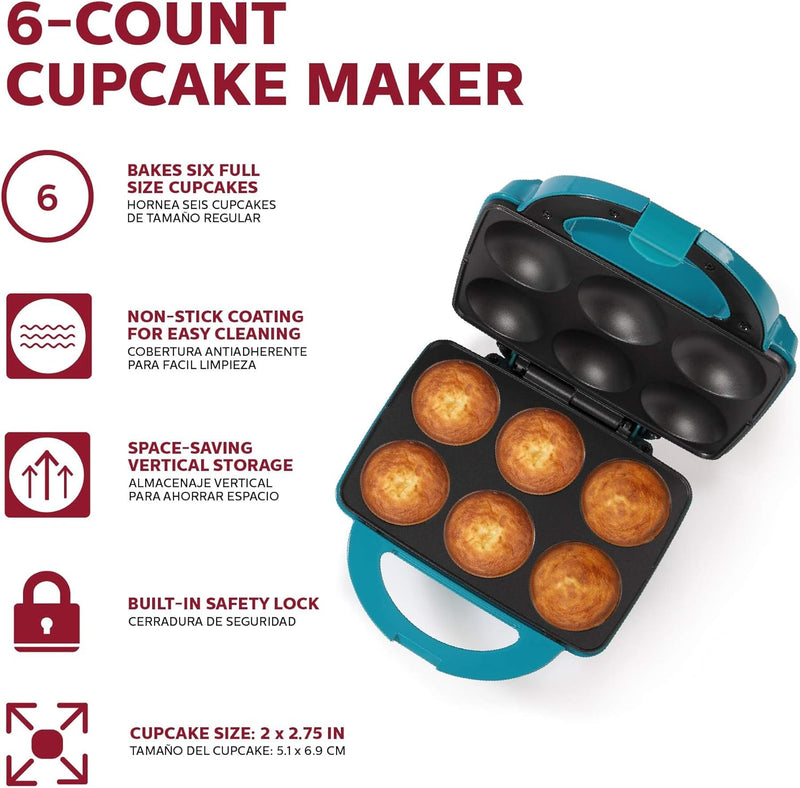 Non-Stick Cupcake Maker - Makes 6 Cupcakes Muffins and Cinnamon Buns for Birthdays and Holidays - Teal