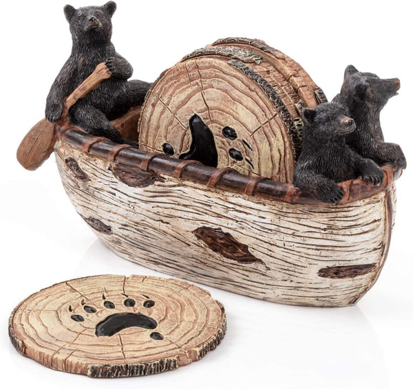 Rustic Bear Coasters Set with Black Bear Figurines - Handmade Canoe Design for Lodge Decor