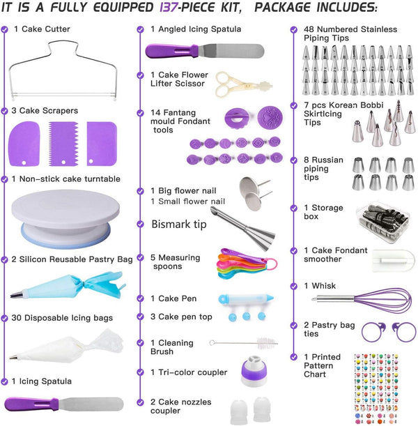 Cake Decorating Kit for Beginners - 138 Piece Set with Turntable Stand Icing Tips Spatula and Russian Piping Nozzles
