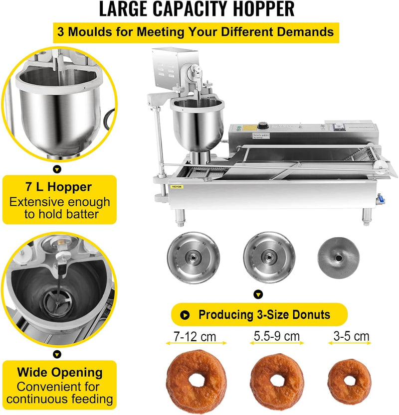 Commercial Donut Making Machine with 7L Hopper and 3 Sizes Molds 304 Stainless Steel Auto Fryer