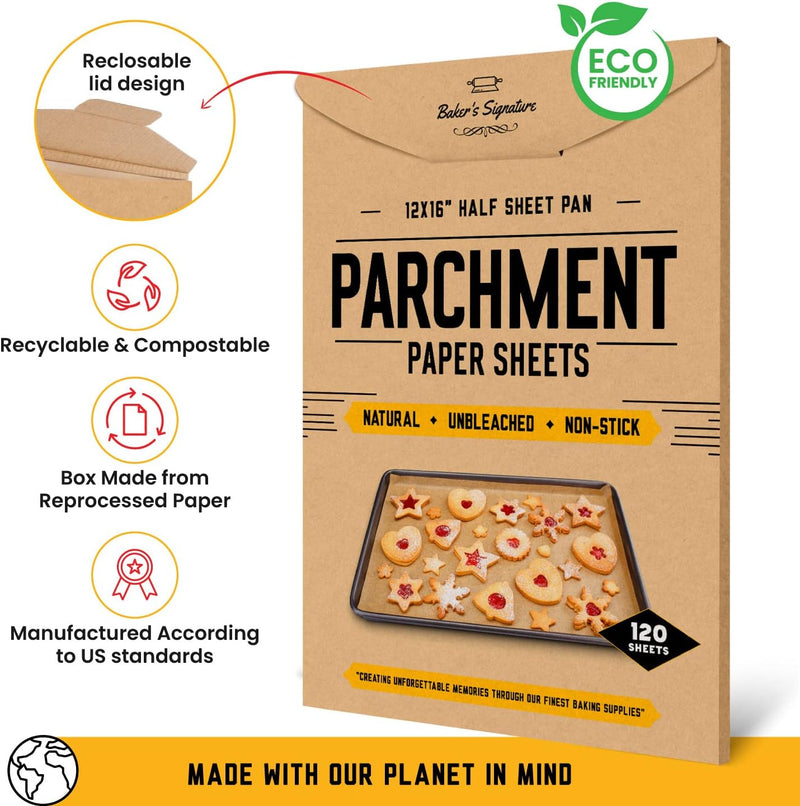 Bakers Signature Parchment Paper Baking Sheets - Non-Stick  Unbleached 120 Pack 12x16 Inch