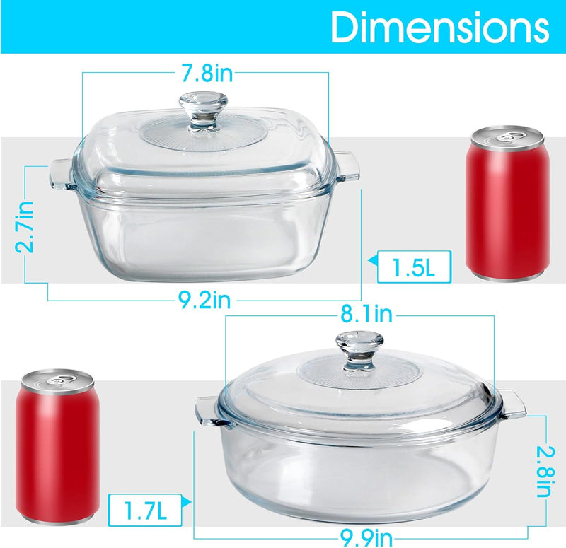 Glass Square Casserole Dish with Lid - Oven and Microwave Safe 08L