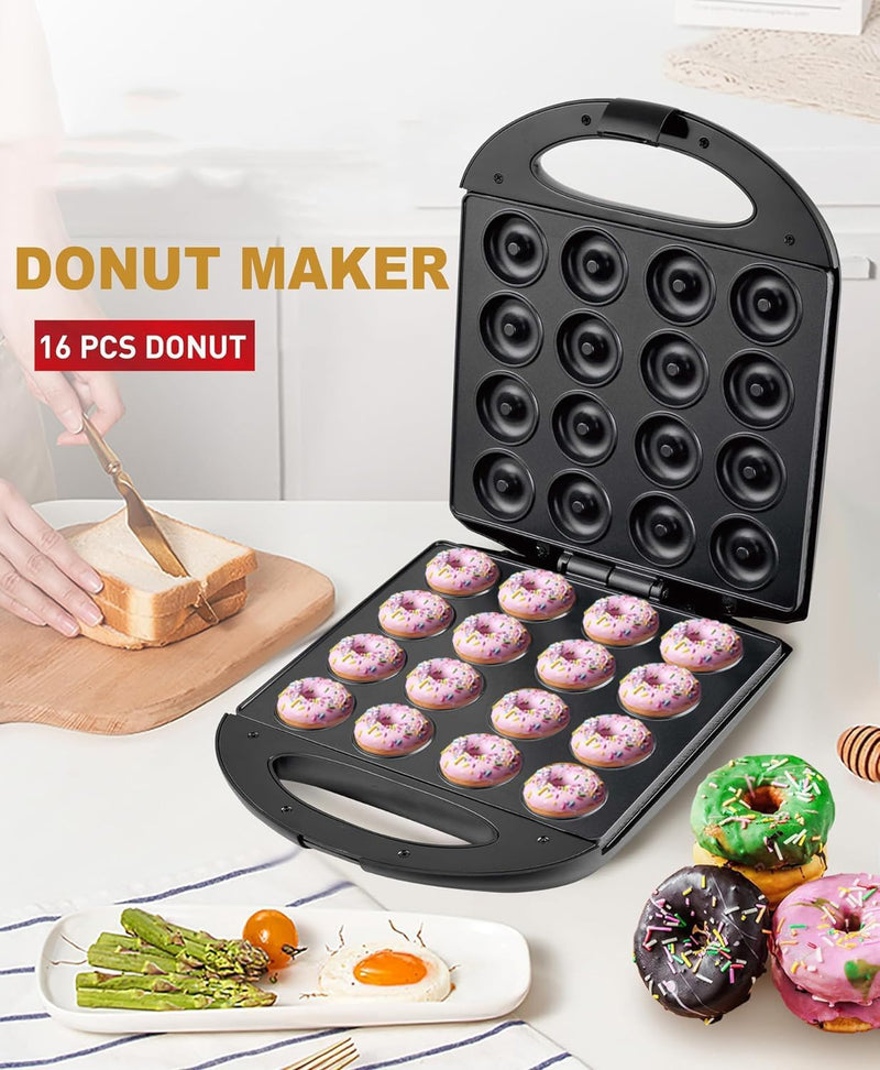 Mini Donut  Pancake Maker - 1400W Non-Stick for Home  Travel Use Makes 16 Doughnuts  Cakes Print Snacks  Desserts