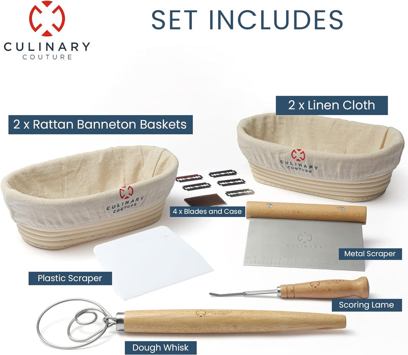 Sourdough Proofing Basket Set with Scraper Lame Whisk and Blades - Complete Starter Kit