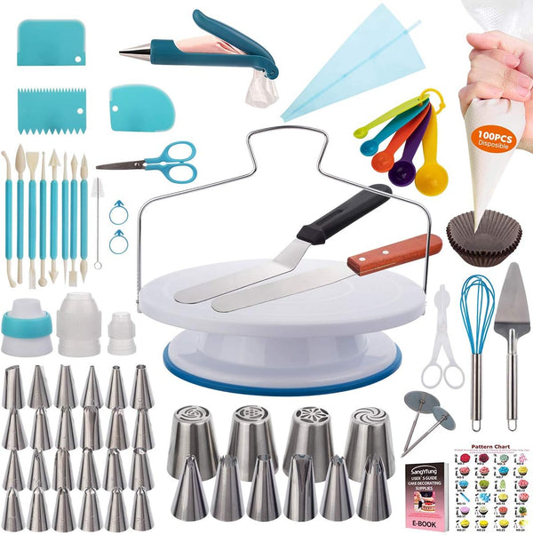 Cake Decorating Kit - 207 Pcs with Turntable Piping Bags Russian Tips Spatula  Tools