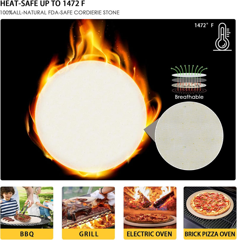 Round Pizza Stone Set - 5 PCS with Accessories and Cooking Paper for Perfect Pizza and Bread Baking