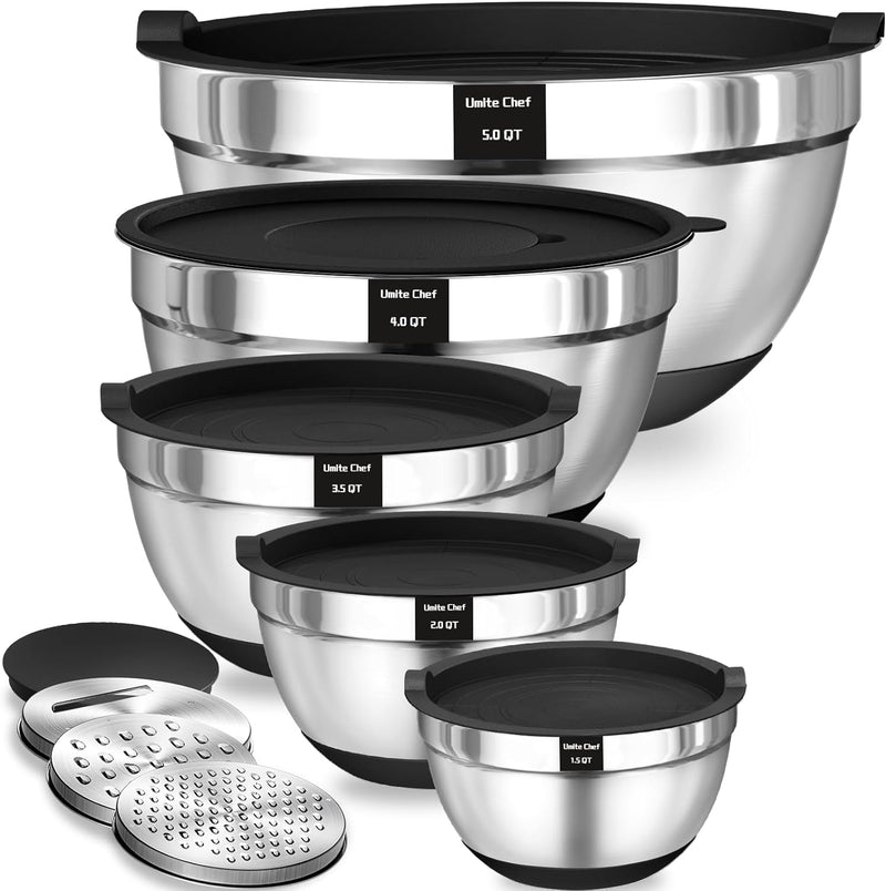 Umite Chef Mixing Bowls Set with Airtight Lids Stainless Steel 8PCS Khaki Non-Slip Bottoms Grater Attachments Sizes 5-15QT