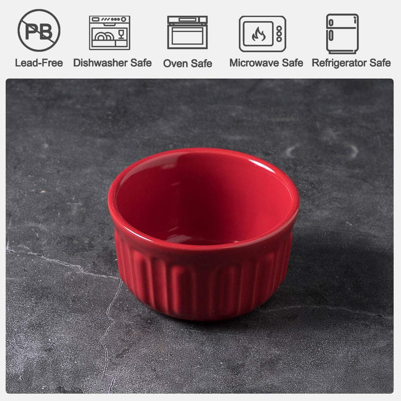 6-Piece Porcelain Ramekin Set - Oven Safe for Baking Creme Brulee Custard Pudding - Red