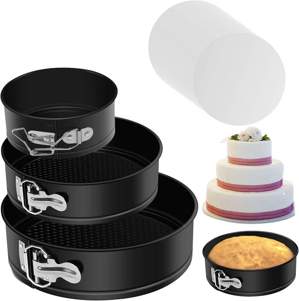 MASSUGAR Springform Cake Pan Set of 3 with Removable Bottom and 50 Pcs Parchment Paper Liners