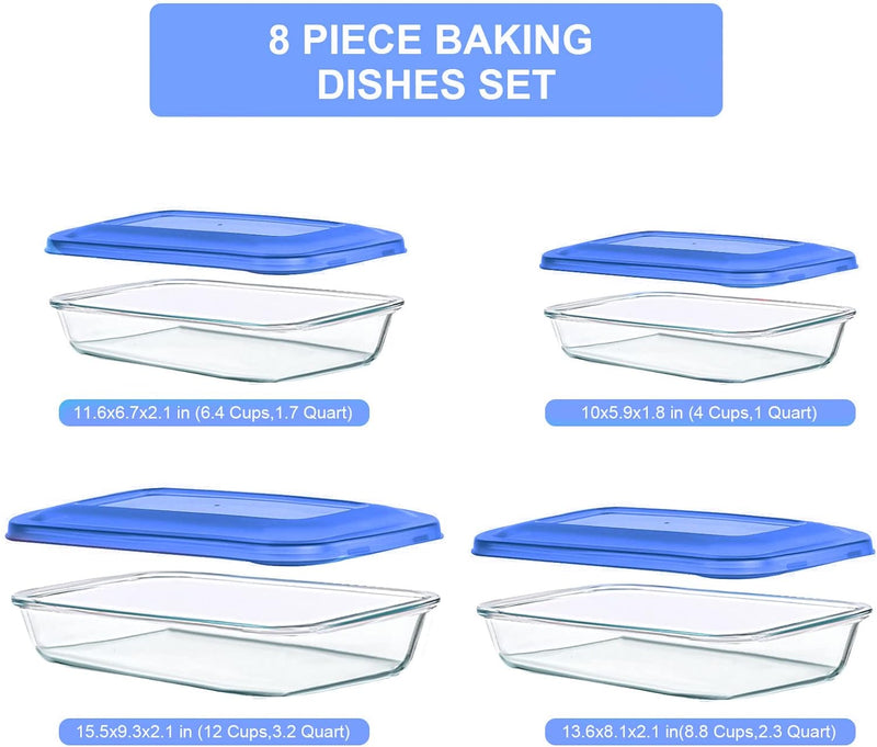 8-Piece Glass Baking Dish Set with Lids for Lasagna Leftovers and More - BPA Free and Fridge-to-Oven Safe