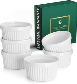 Porcelain Ramekin Set - 6 Mini Casserole Bowls and Dishes Oven Safe to 500F White