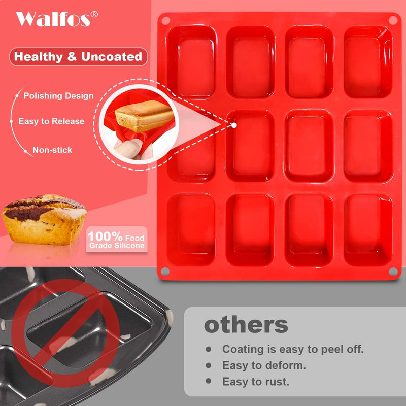 Walfos Silicone Mini Loaf Pan - 12 Cavities Non-Stick Food Grade - Ideal for Mini Bread Brownies Cornbread Cheesecake  Chocolate