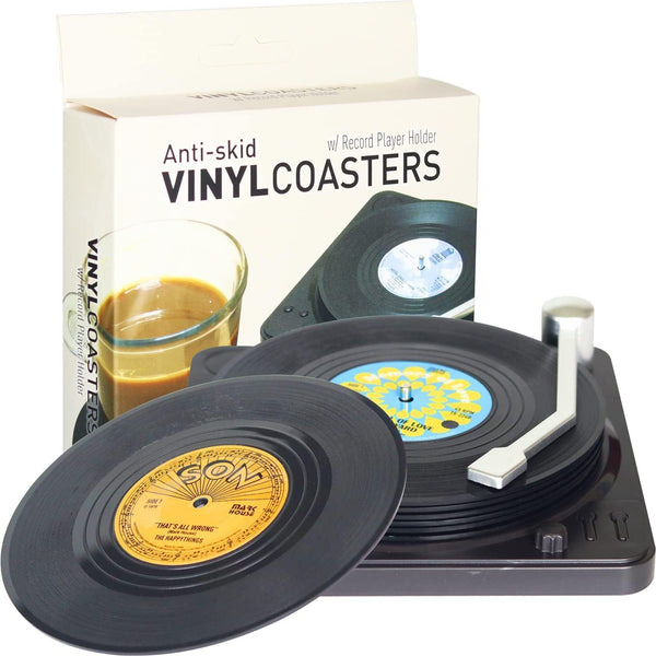 Retro Record Coasters with Vinyl Player Holder - Set of 6 Funny Sayings Drink Coasters for Music Lovers
