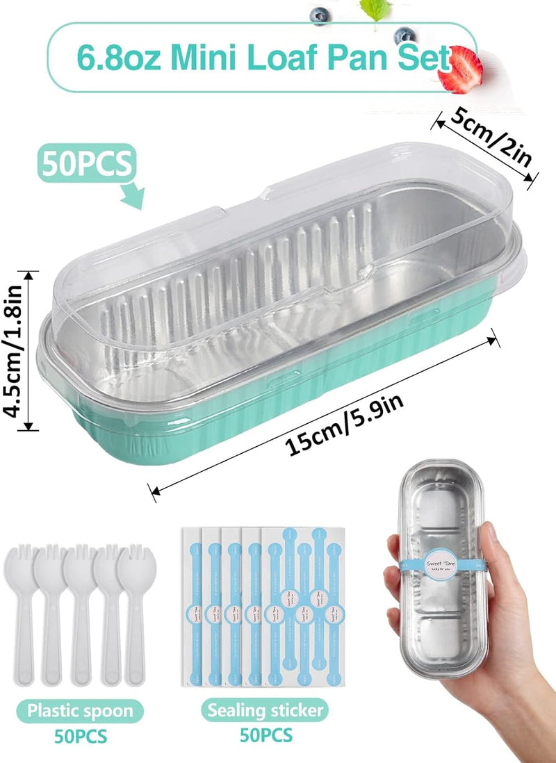 50-Pack Aluminum Bread Cupcake Pans with Lids and Spoons - 68oz Disposable Cake Tins for Picnics and Parties