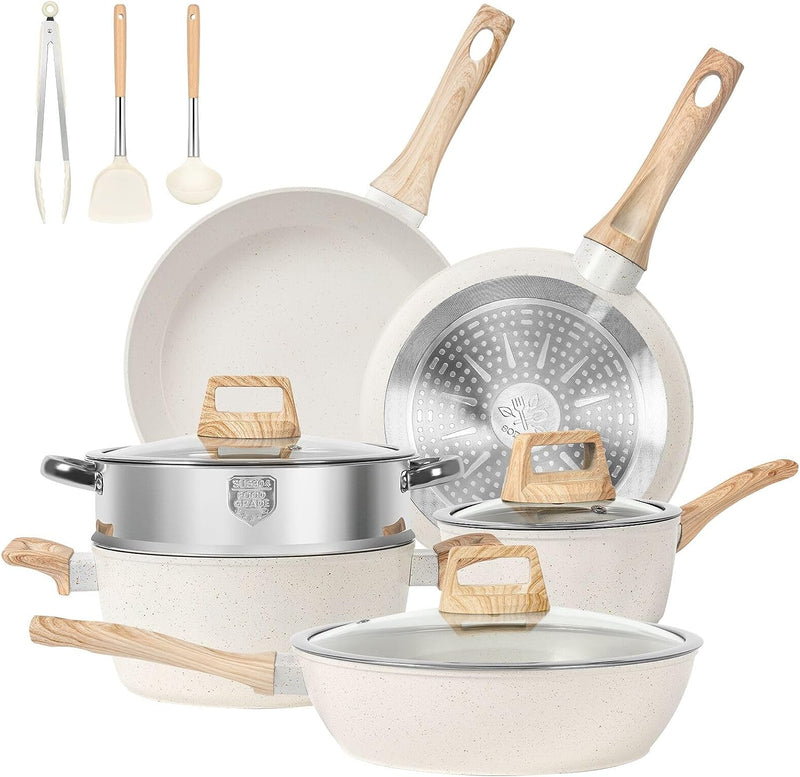 Non-Stick 12-Piece Cookware Set with Silicone Utensils - White